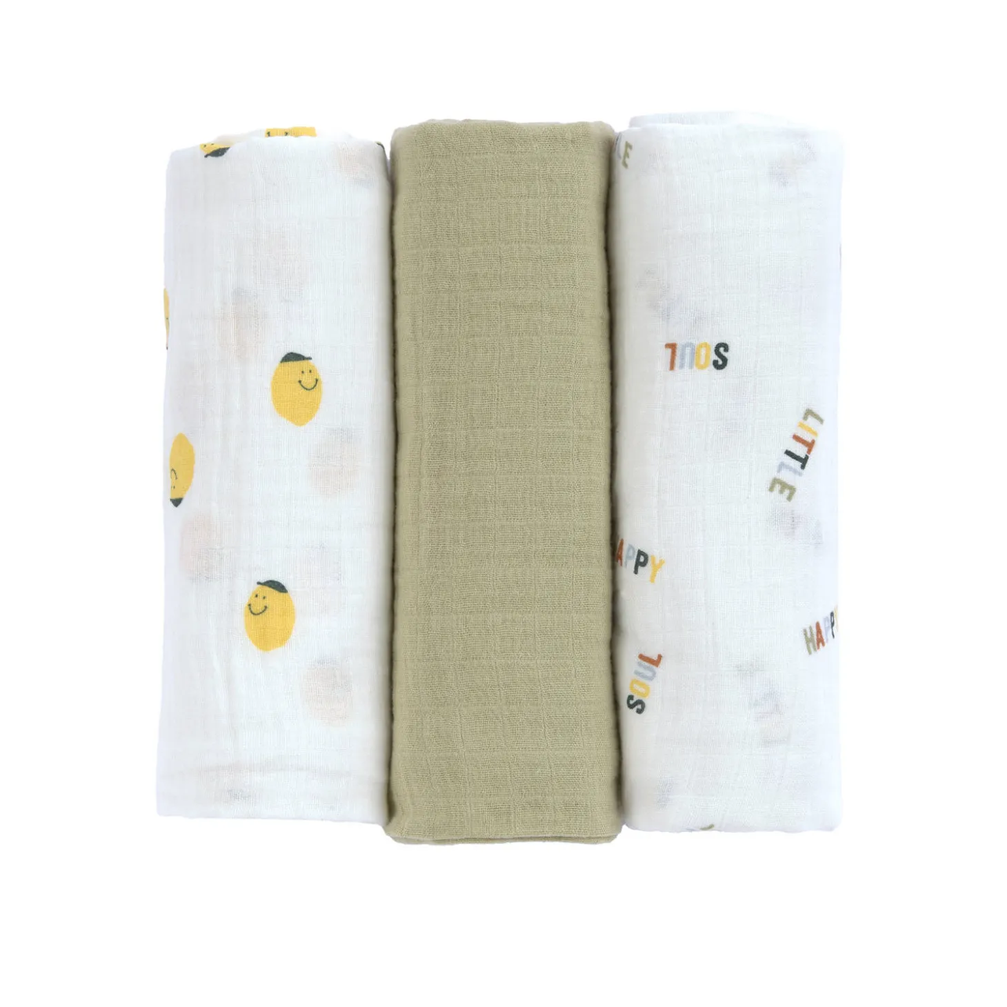 Mulltücher 3er Set 85x85 cm "Früchte" weiß-oliv