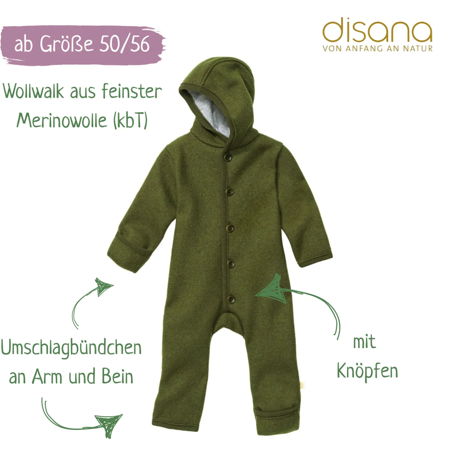 Wollwalk-Overall oliv 98/104