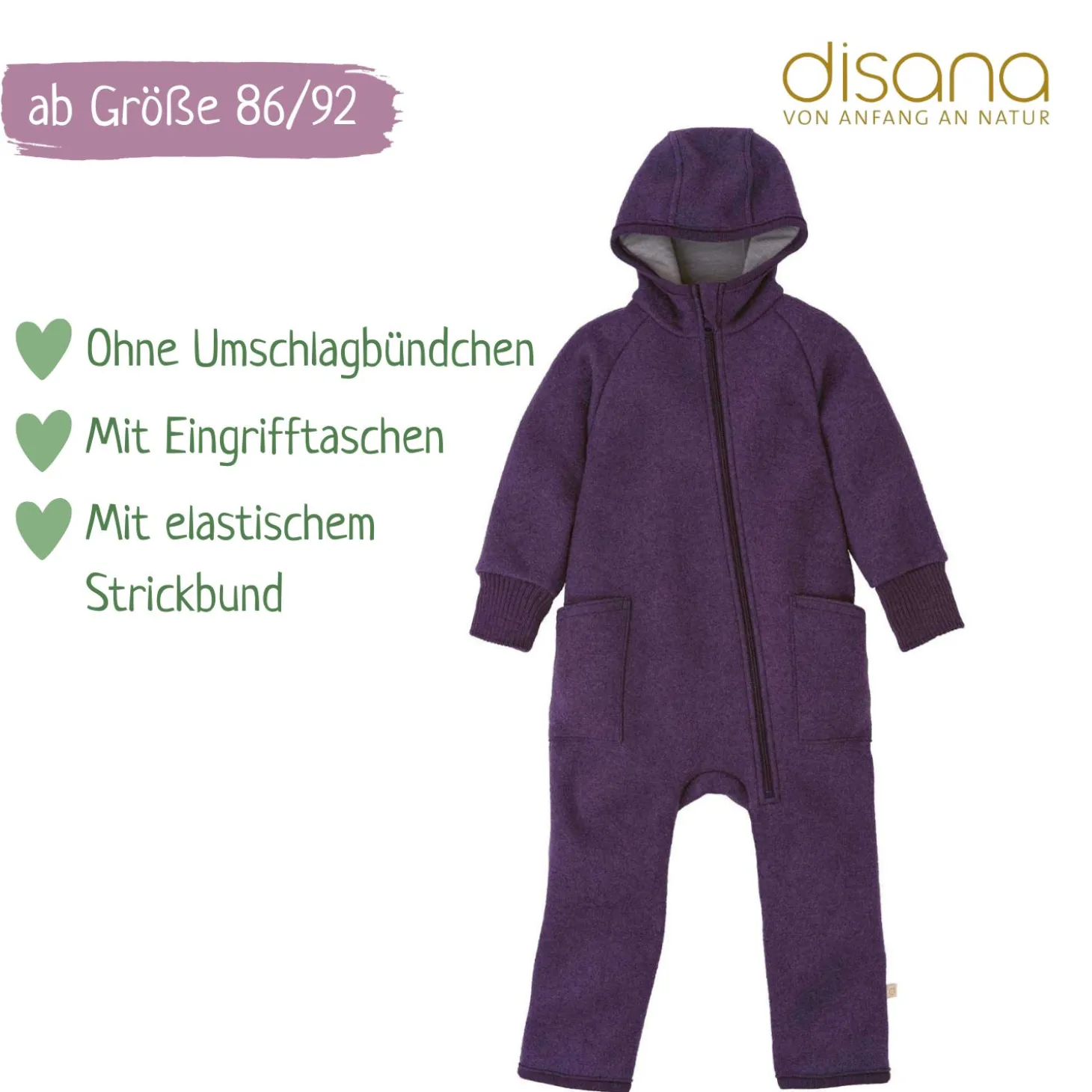 Wollwalk-Zippoverall aubergine 74/80